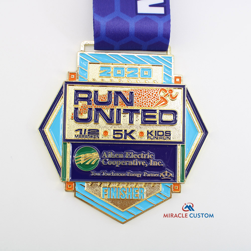 Custom AEC Run United Half Marathon, 10K, 5K,& Kid's Fun Run Sports Medals